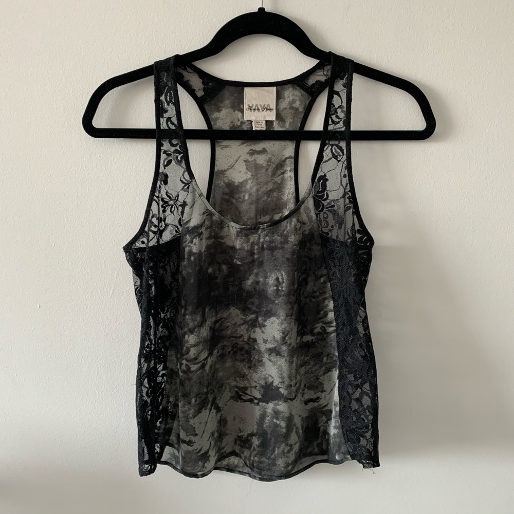 Nom De Plume Yaya sheer racerback tank top black lace sides size medium loose